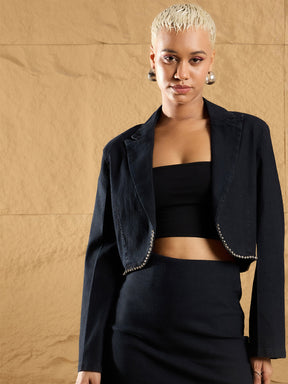 Black Denim Notch Collar Crop Blazer-SASSAFRAS