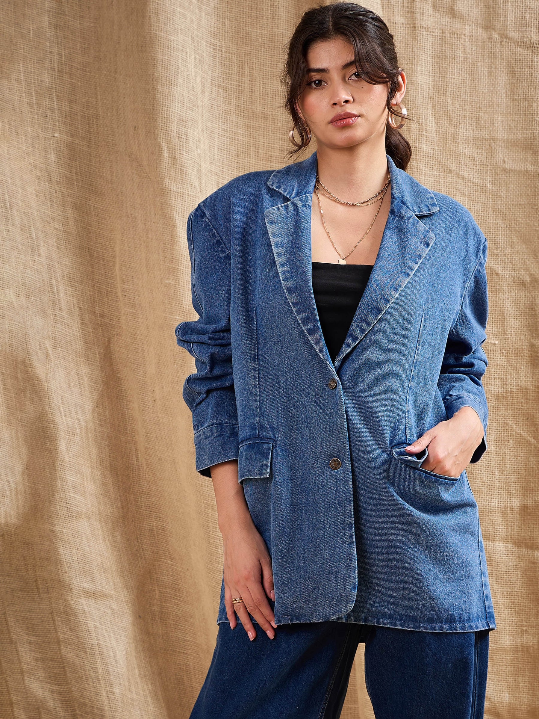 Blue Denim Washed Oversized Notch Collar Blazer-SASSAFRAS