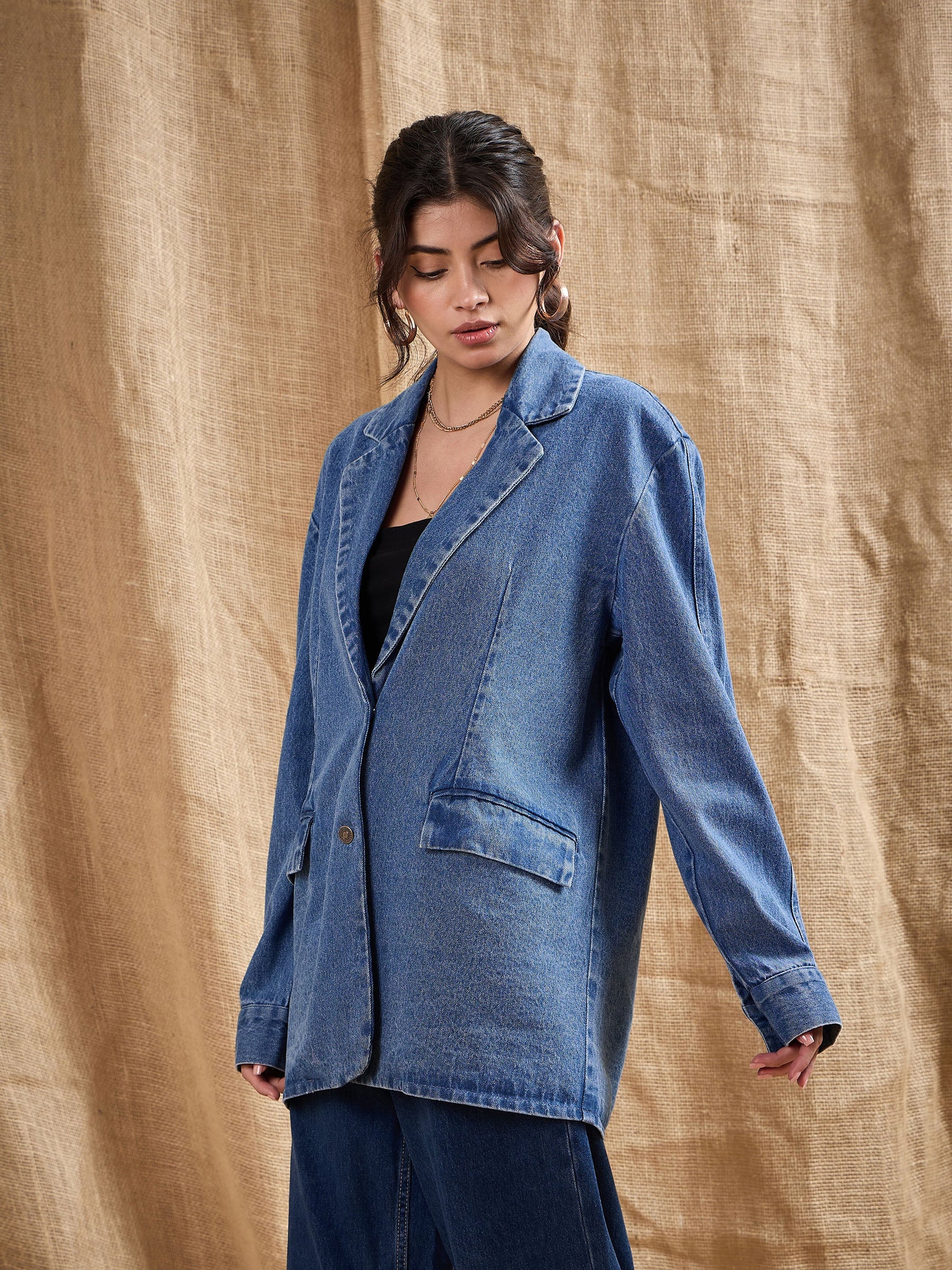 Blue Denim Washed Oversized Notch Collar Blazer-SASSAFRAS