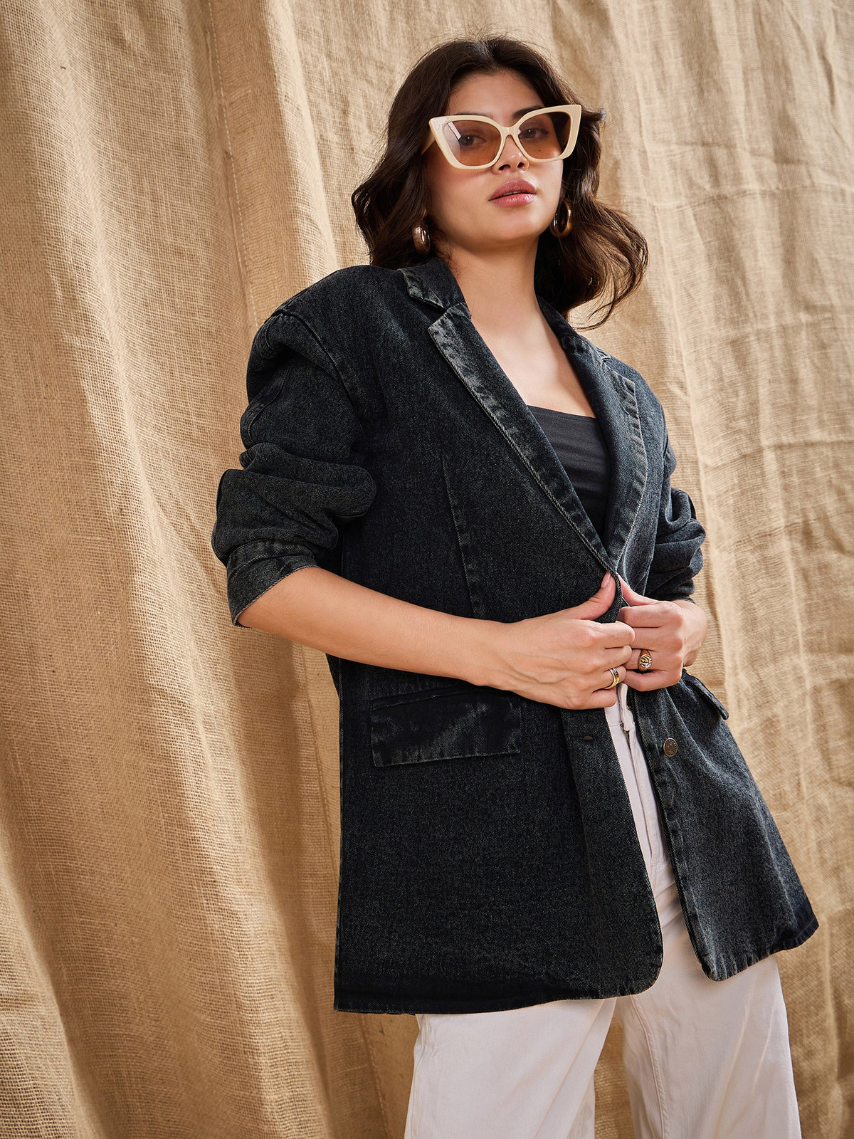 Black Denim Washed Oversized Notch Collar Blazer-SASSAFRAS