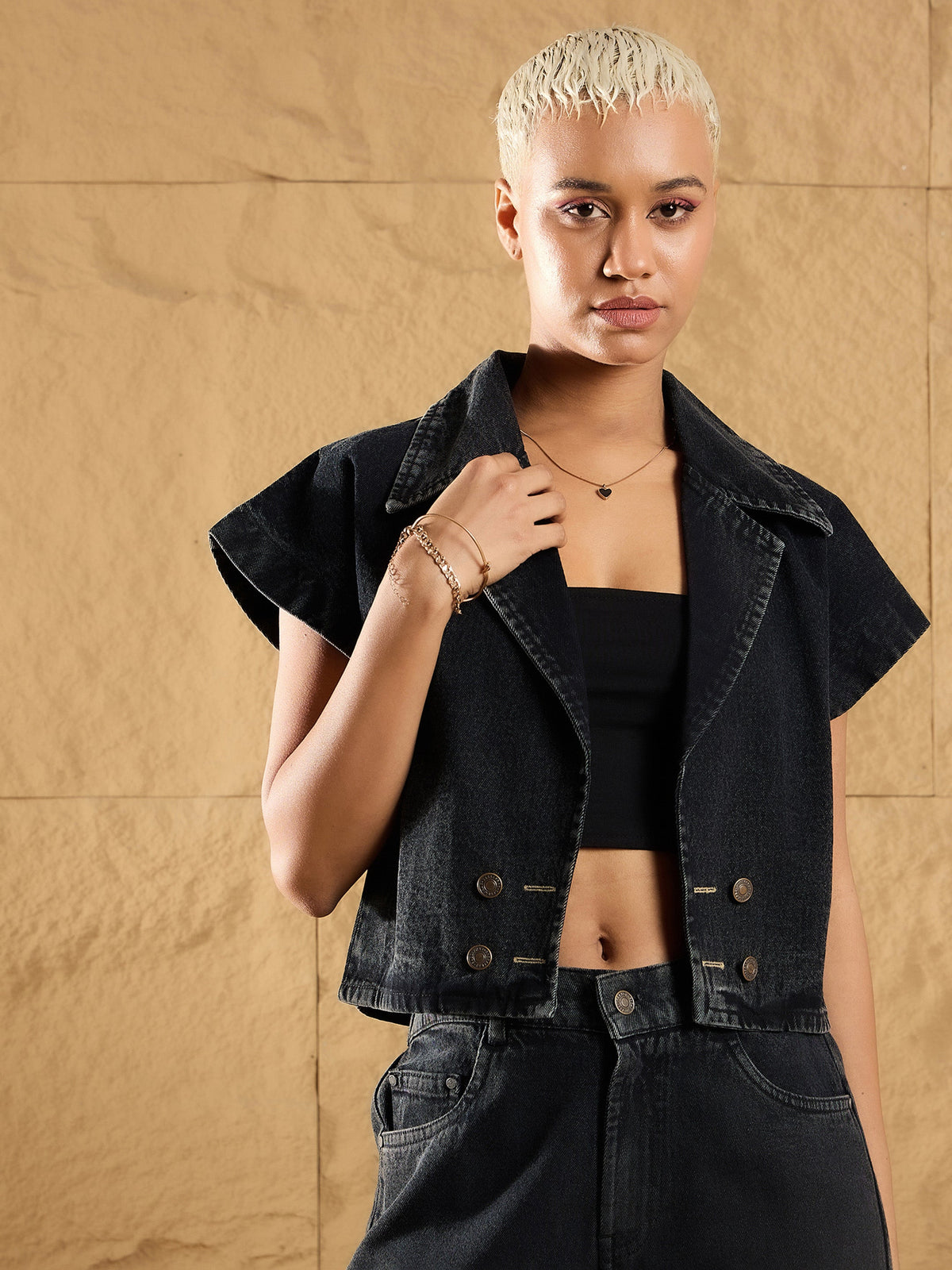 Black Denim Washed Front Open Crop Gilet-SASSAFRAS