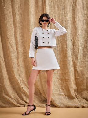 White Twiill Double Breasted Crop Blazer With Skort-SASSAFRAS