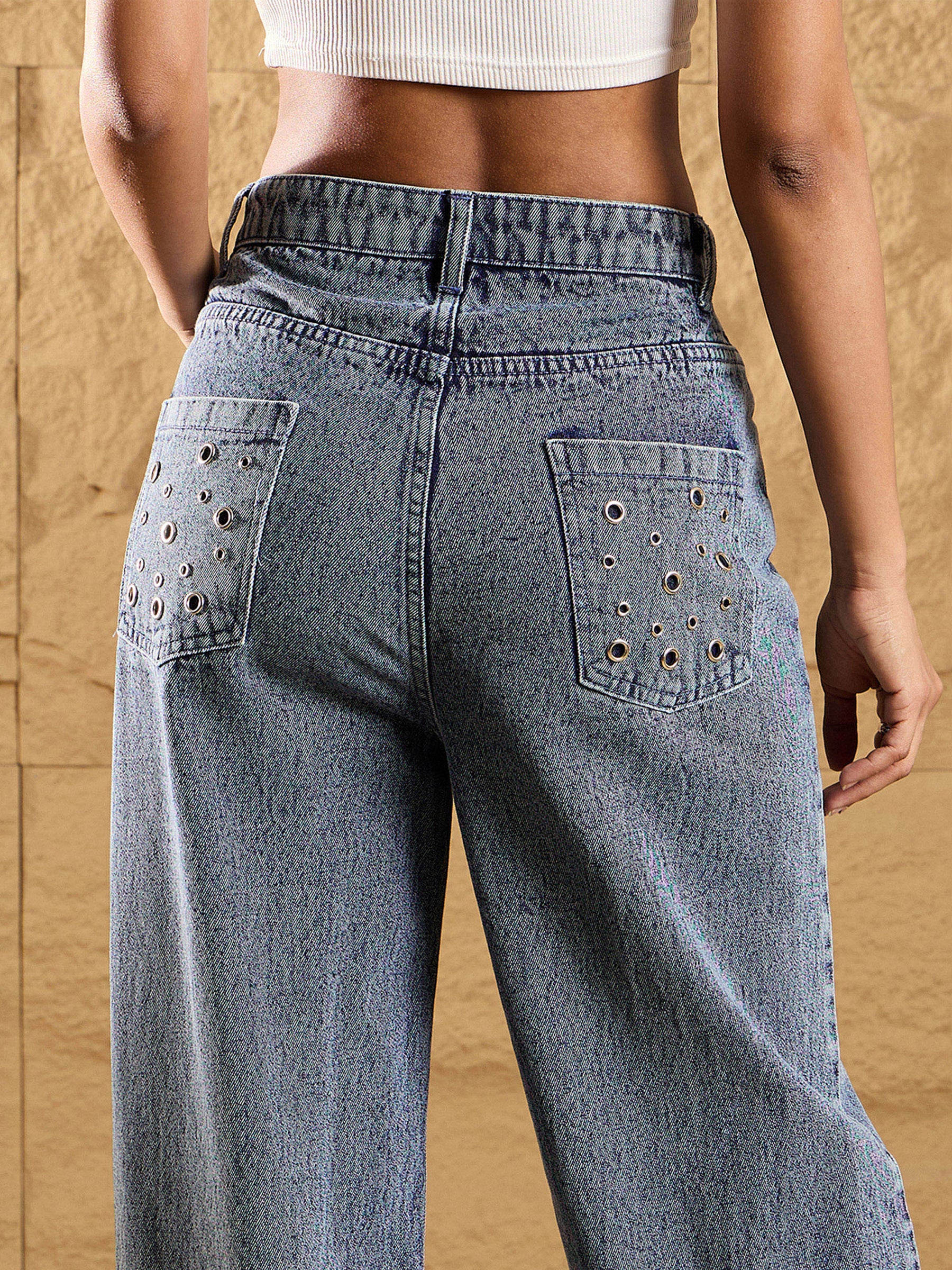Blue Wash Denim Eyelet Jacket With Straight Fit Jeans-SASSAFRAS