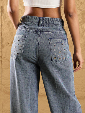 Blue Wash Denim Eyelet Jacket With Straight Fit Jeans-SASSAFRAS