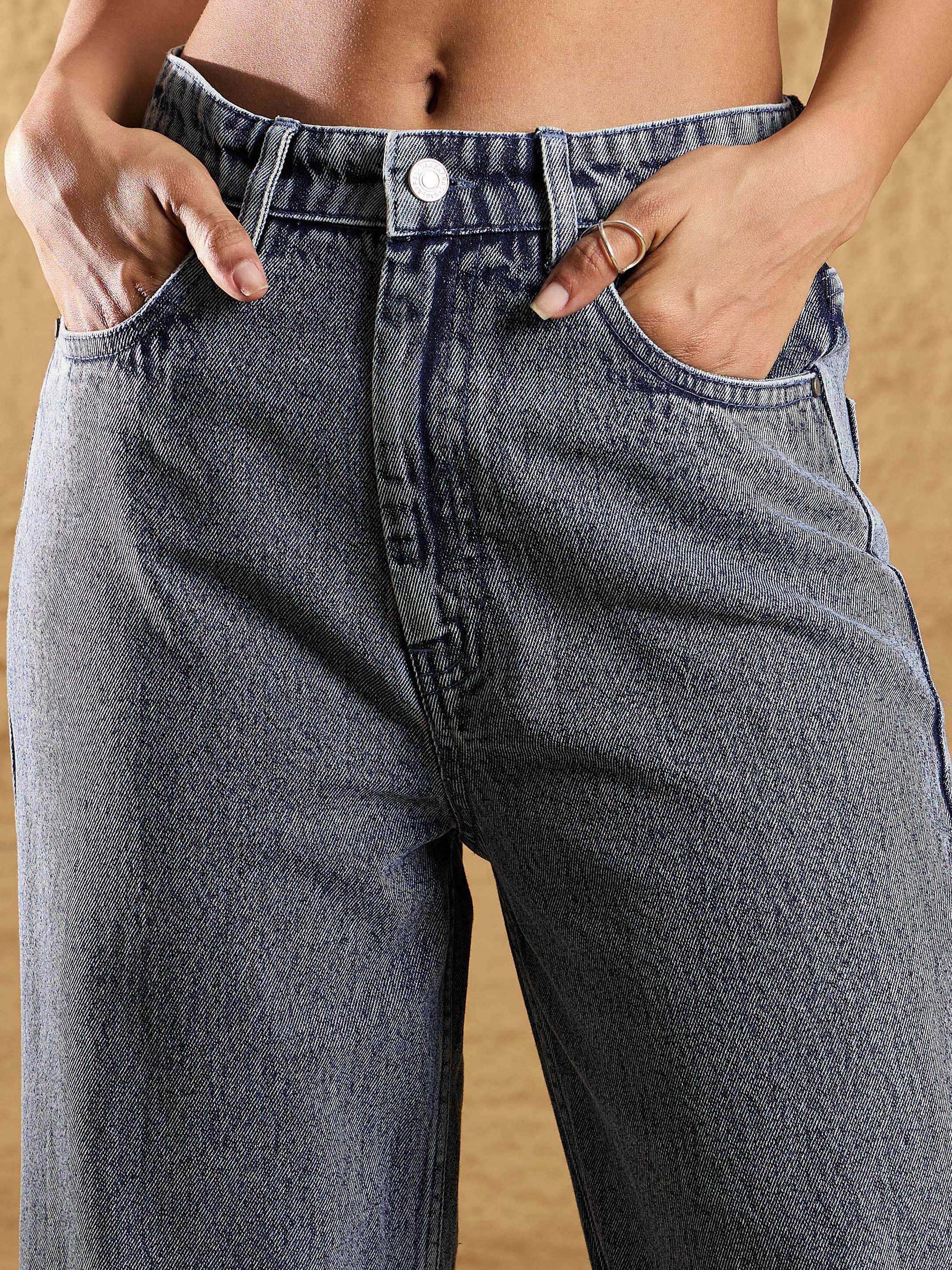 Blue Wash Denim Eyelet Jacket With Straight Fit Jeans-SASSAFRAS
