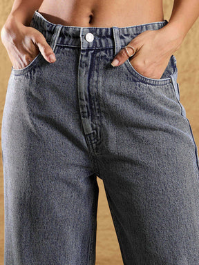 Blue Wash Denim Eyelet Jacket With Straight Fit Jeans-SASSAFRAS