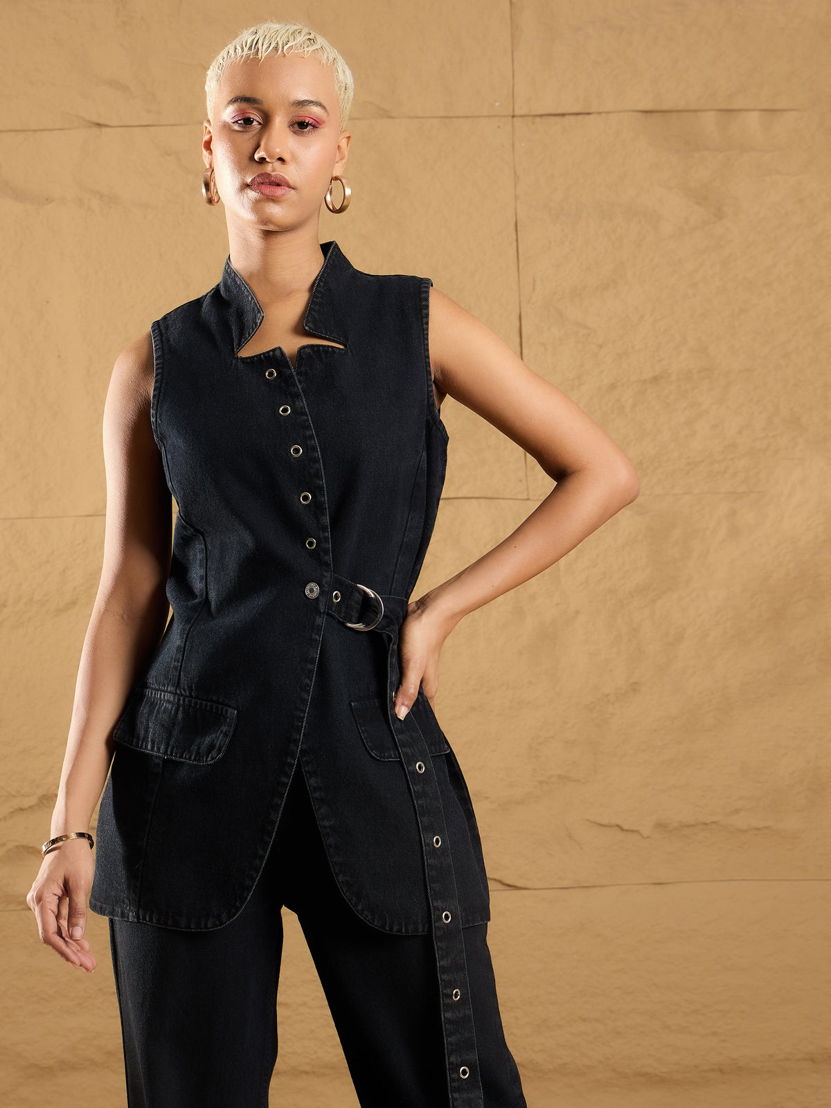 Black Wash Denim Eyelet Sleeveless Jacket-SASSAFRAS