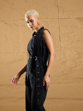 Black Wash Denim Eyelet Sleeveless Jacket-SASSAFRAS