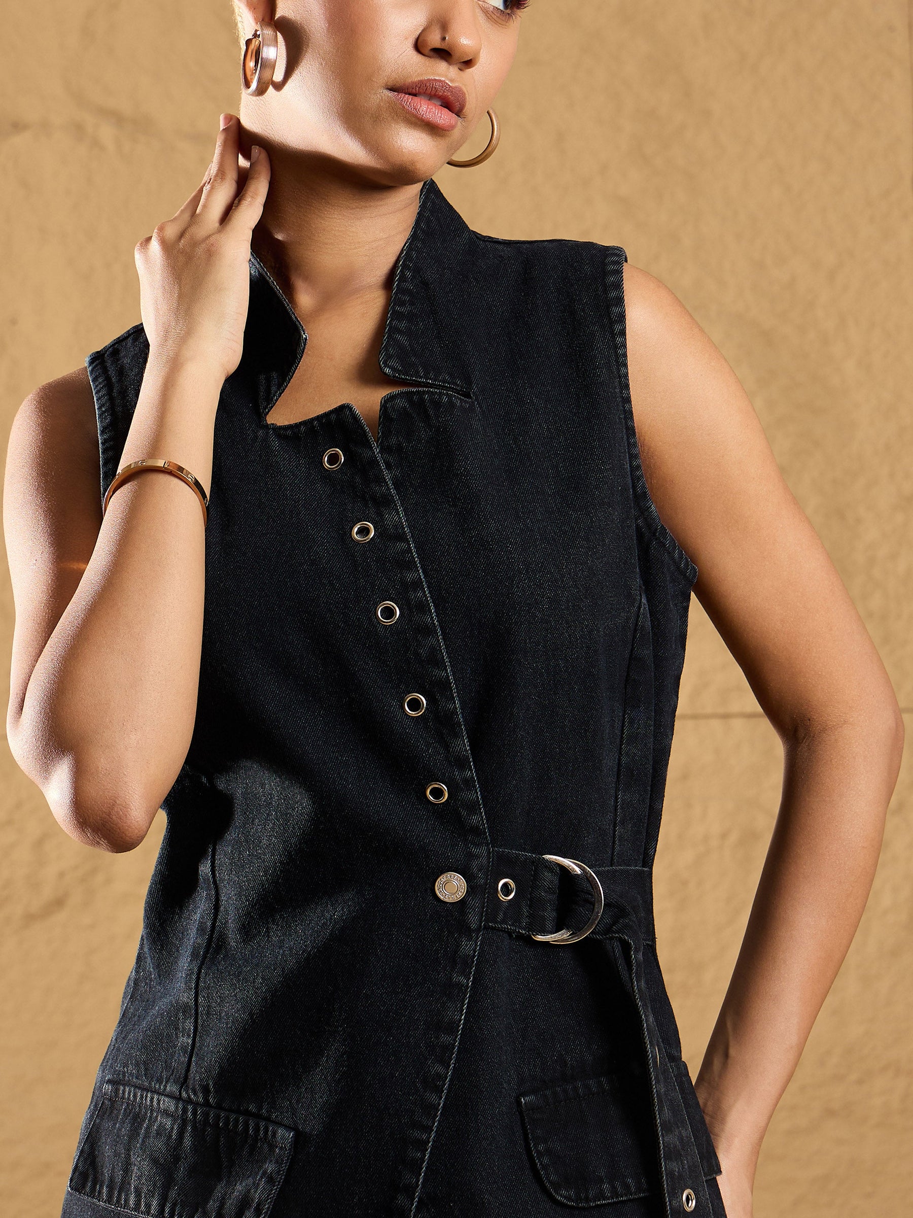 Black Wash Denim Eyelet Sleeveless Jacket-SASSAFRAS