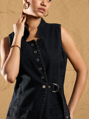 Black Wash Denim Eyelet Sleeveless Jacket-SASSAFRAS