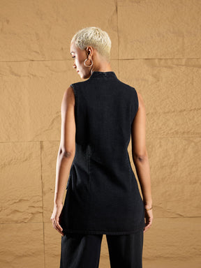Black Wash Denim Eyelet Sleeveless Jacket-SASSAFRAS