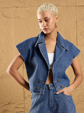 Blue Denim Washed Front Open Crop Gilet-SASSAFRAS