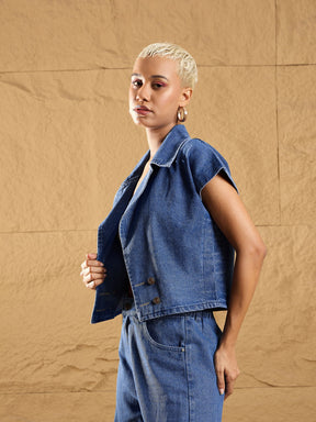 Blue Denim Washed Front Open Crop Gilet-SASSAFRAS