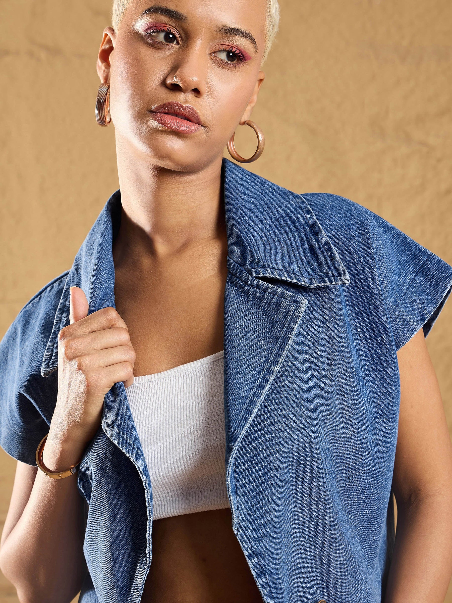 Blue Denim Washed Front Open Crop Gilet-SASSAFRAS