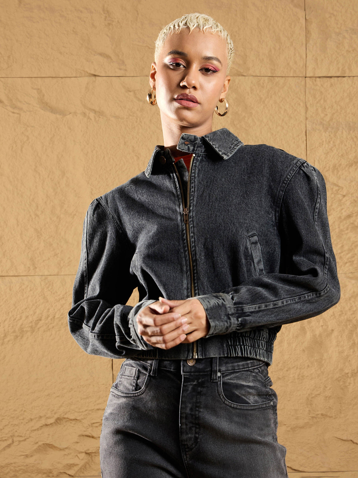 Black Washed Zipper Biker Crop Jacket-SASSAFRAS