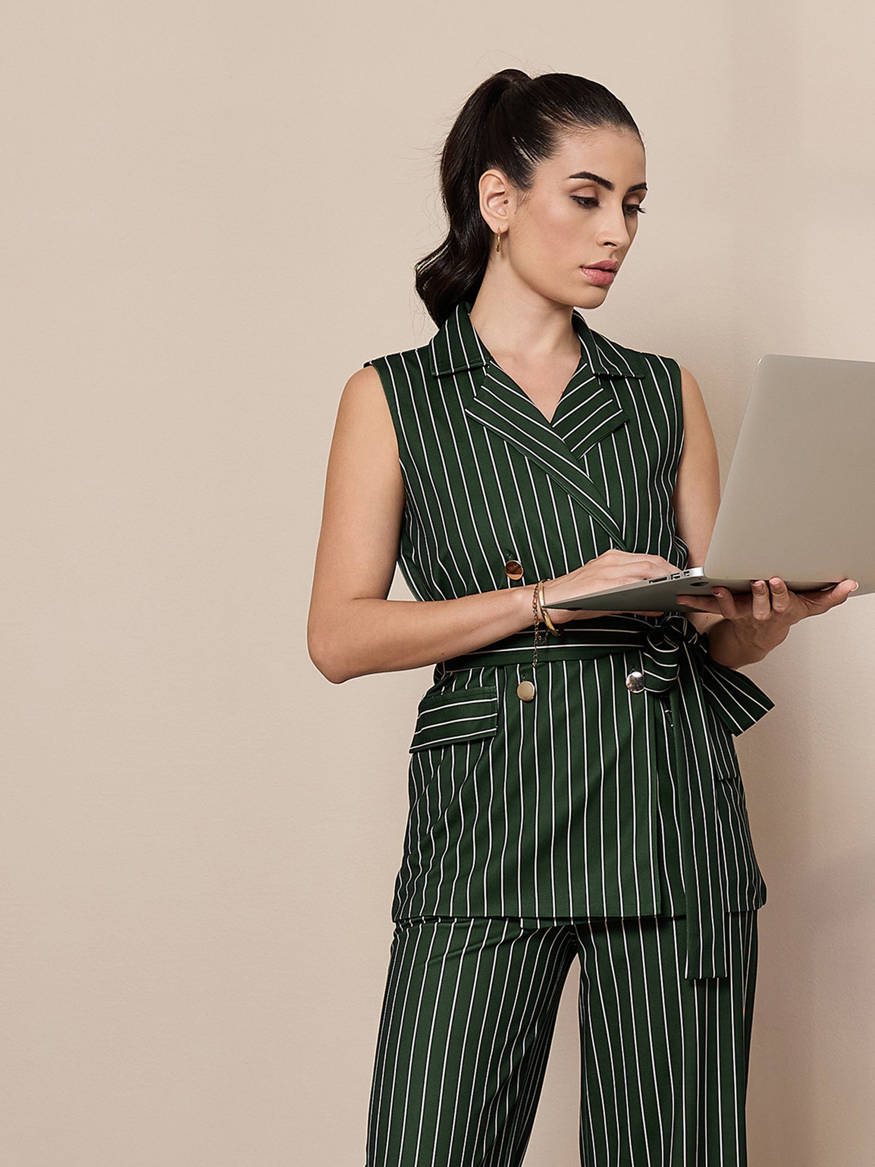 Green Striped Sleeveless Front Tie-Up Blazer-SASSAFRAS worklyf