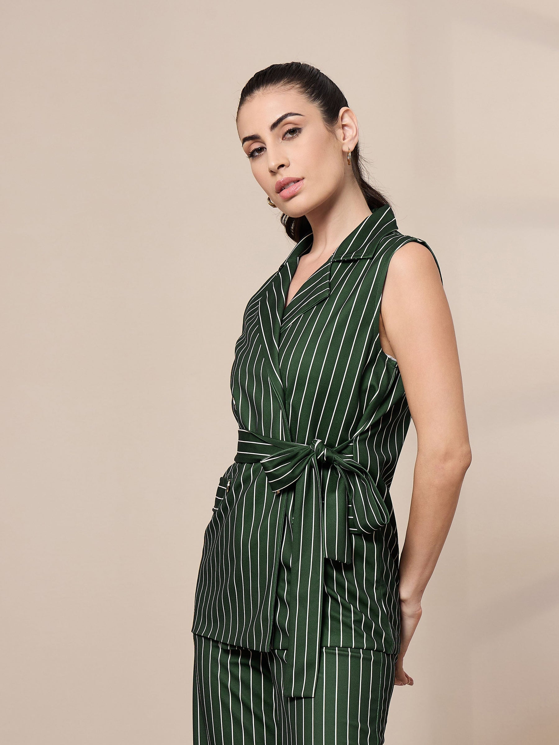 Green Striped Sleeveless Front Tie-Up Blazer-SASSAFRAS worklyf