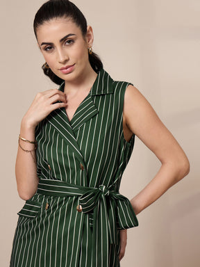 Green Striped Sleeveless Front Tie-Up Blazer-SASSAFRAS worklyf