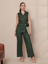 Green Striped Sleeveless Front Tie-Up Blazer With Straight Pants-SASSAFRAS worklyf