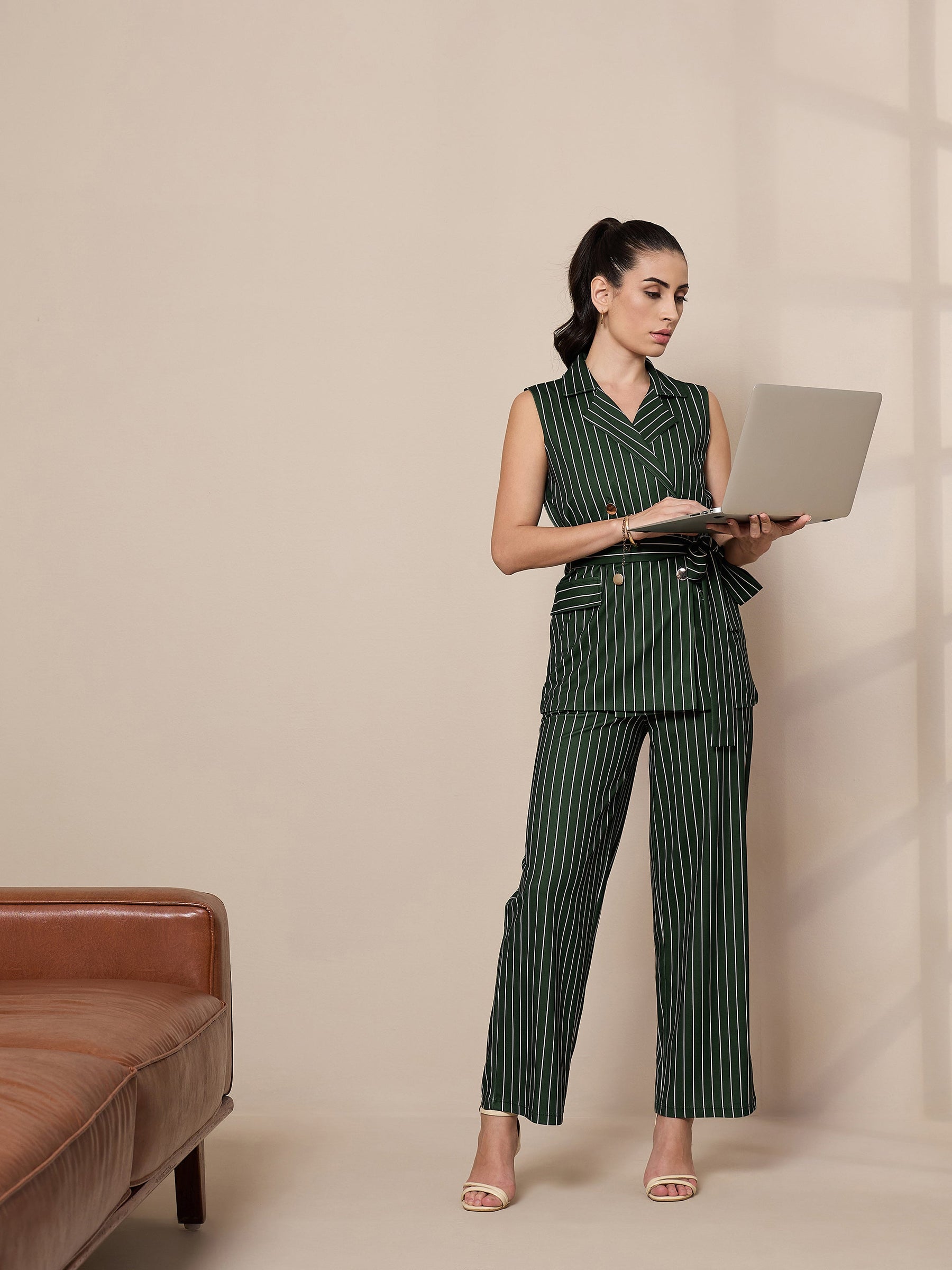 Green Striped Sleeveless Front Tie-Up Blazer With Straight Pants-SASSAFRAS worklyf