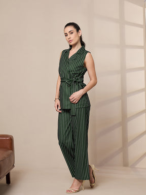 Green Striped Sleeveless Front Tie-Up Blazer With Straight Pants-SASSAFRAS worklyf