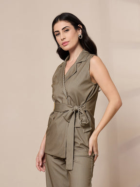 Beige Striped Sleeveless Front Tie-Up Blazer-SASSAFRAS worklyf