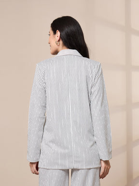 White Striped Front Button Blazer-SASSAFRAS worklyf