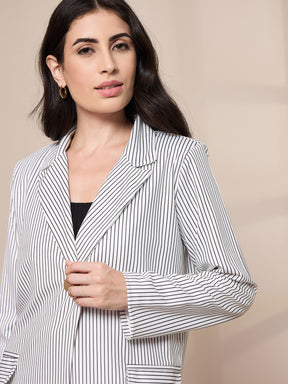 White Striped Front Button Blazer With Straight Pants-SASSAFRAS worklyf