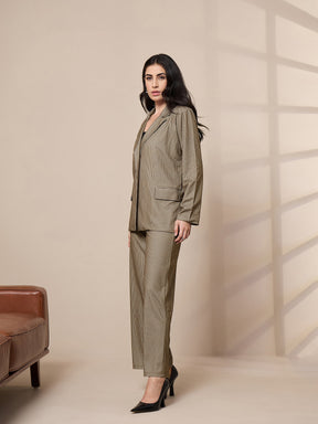 Beige Striped Front Button Blazer With Straight Pants-SASSAFRAS worklyf