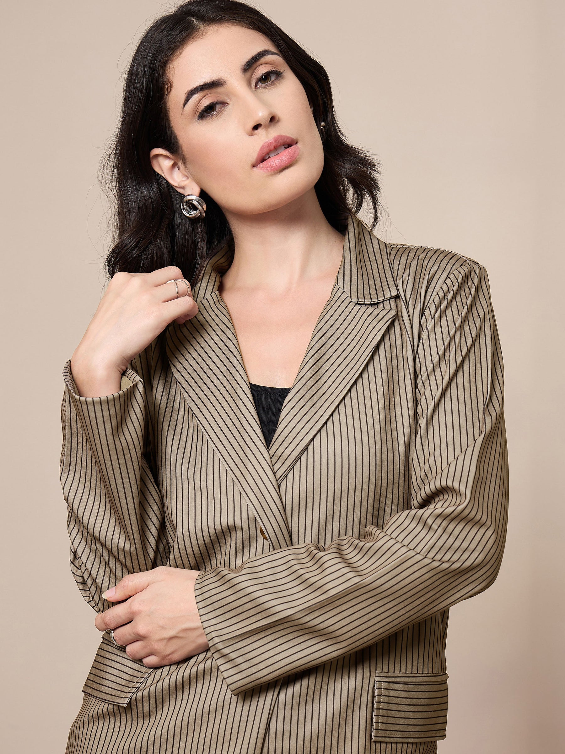 Beige Striped Front Button Blazer With Straight Pants-SASSAFRAS worklyf