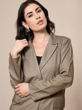 Beige Striped Front Button Blazer With Straight Pants-SASSAFRAS worklyf