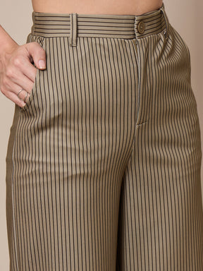 Beige Striped Front Button Blazer With Straight Pants-SASSAFRAS worklyf