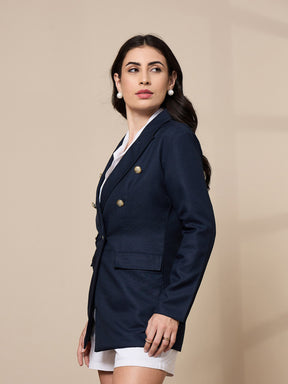 Navy Double-Breasted Check Blazer-SASSAFRAS worklyf