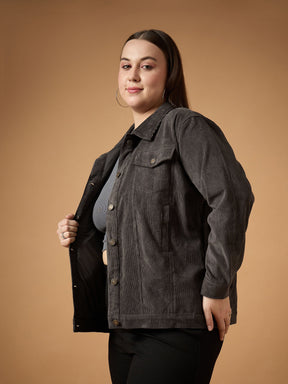 Dark Grey Corduroy Front Button Jacket-SASSAFRAS Curve