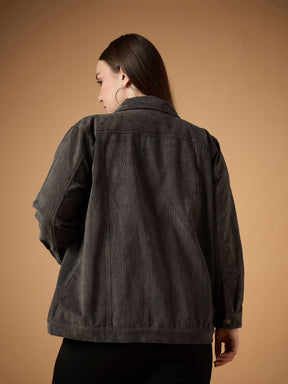 Dark Grey Corduroy Front Button Jacket-SASSAFRAS Curve