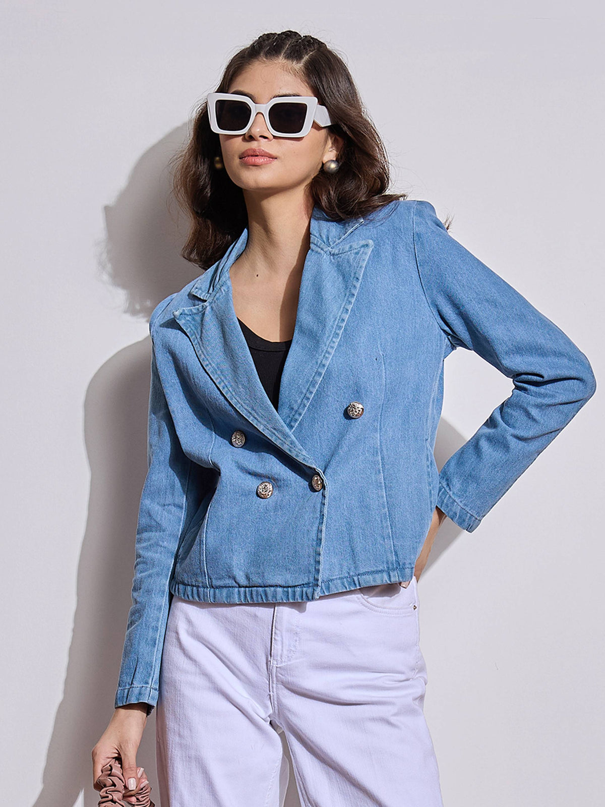 Blue Denim Front Button Notch Collar Crop Blazer -SASSAFRAS