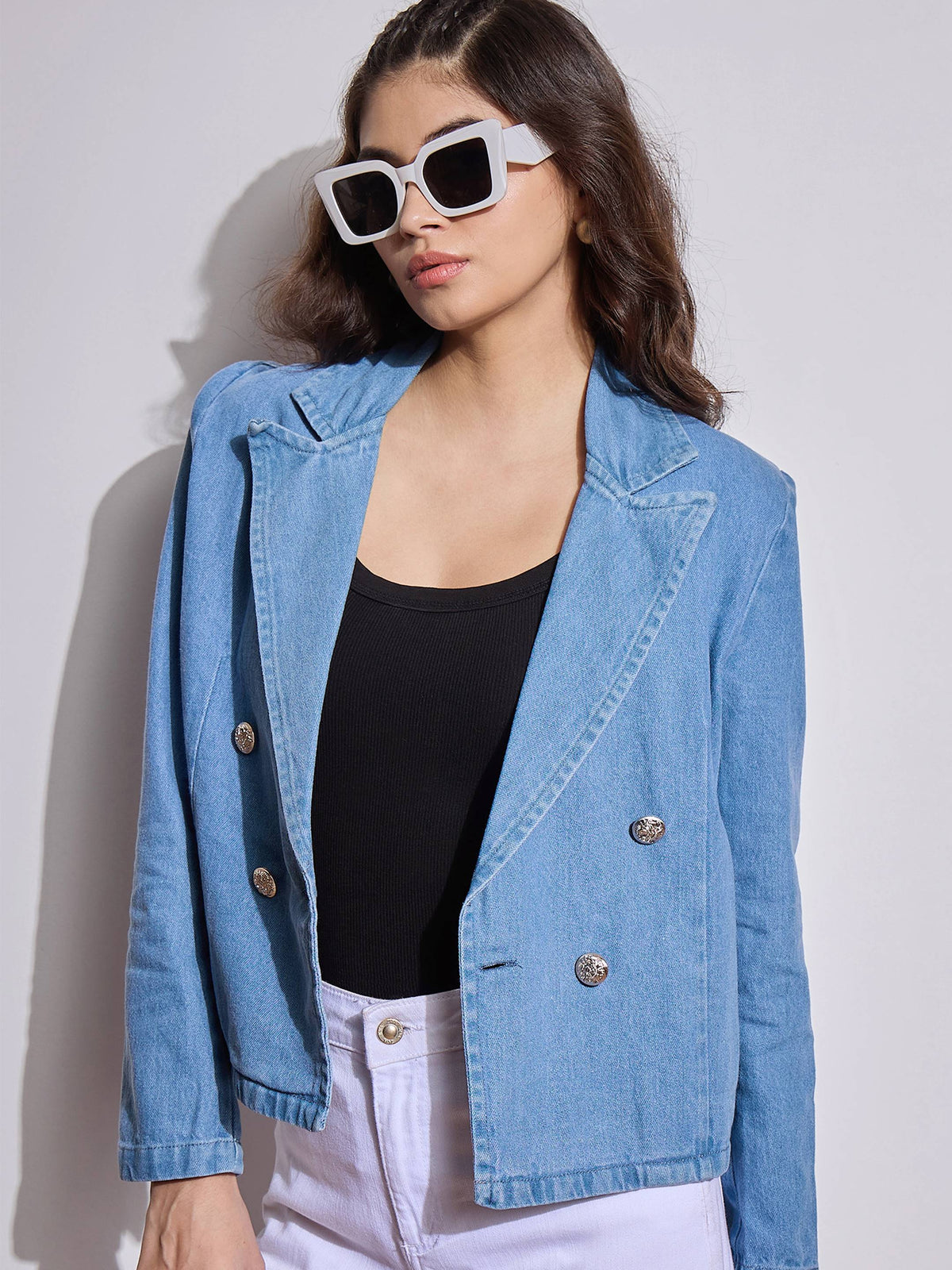 Blue Denim Front Button Notch Collar Crop Blazer -SASSAFRAS