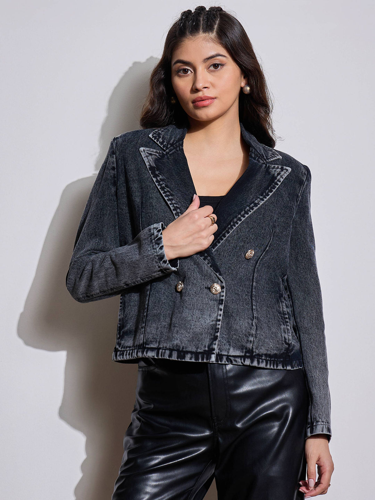 Black Denim Front Button Notch Collar Crop Blazer-SASSAFRAS