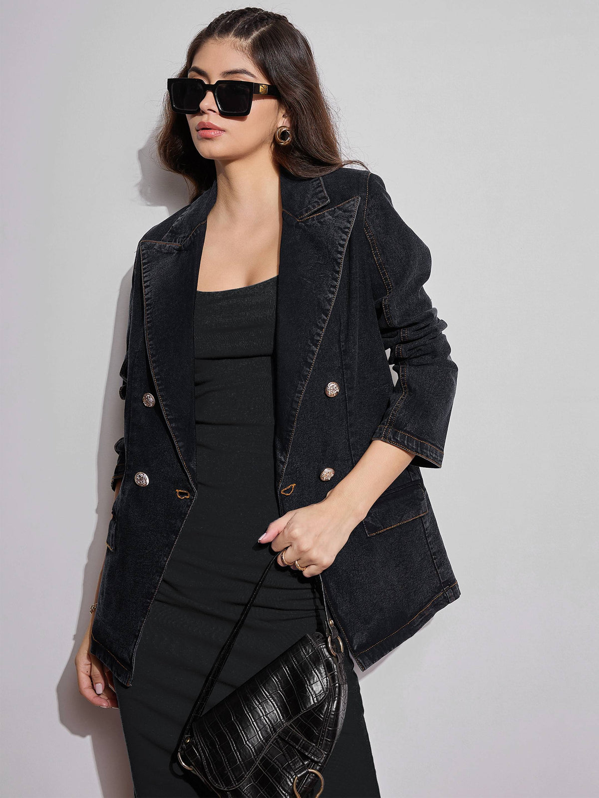 Black Washed Notch Collar Full Sleeve Blazer -SASSAFRAS