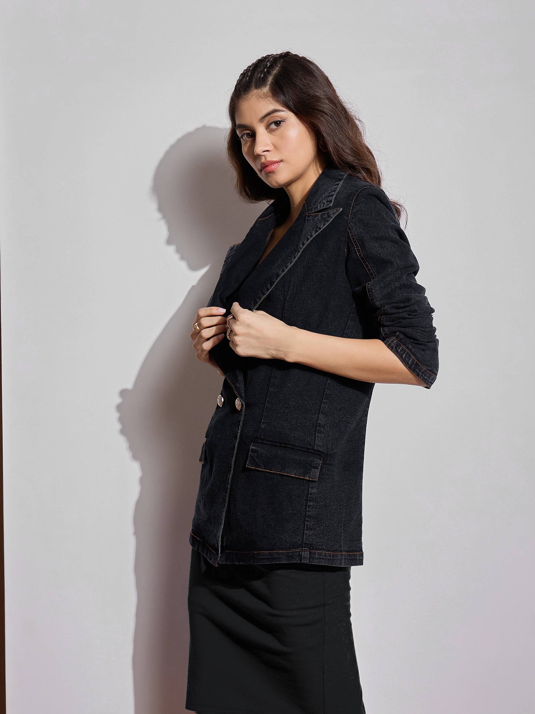 Black Washed Notch Collar Full Sleeve Blazer -SASSAFRAS