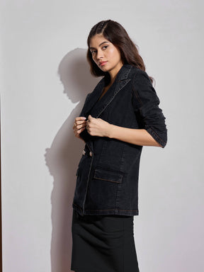 Black Washed Notch Collar Full Sleeve Blazer -SASSAFRAS