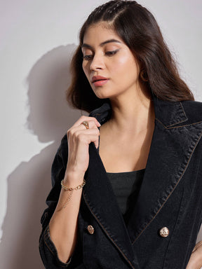 Black Washed Notch Collar Full Sleeve Blazer -SASSAFRAS