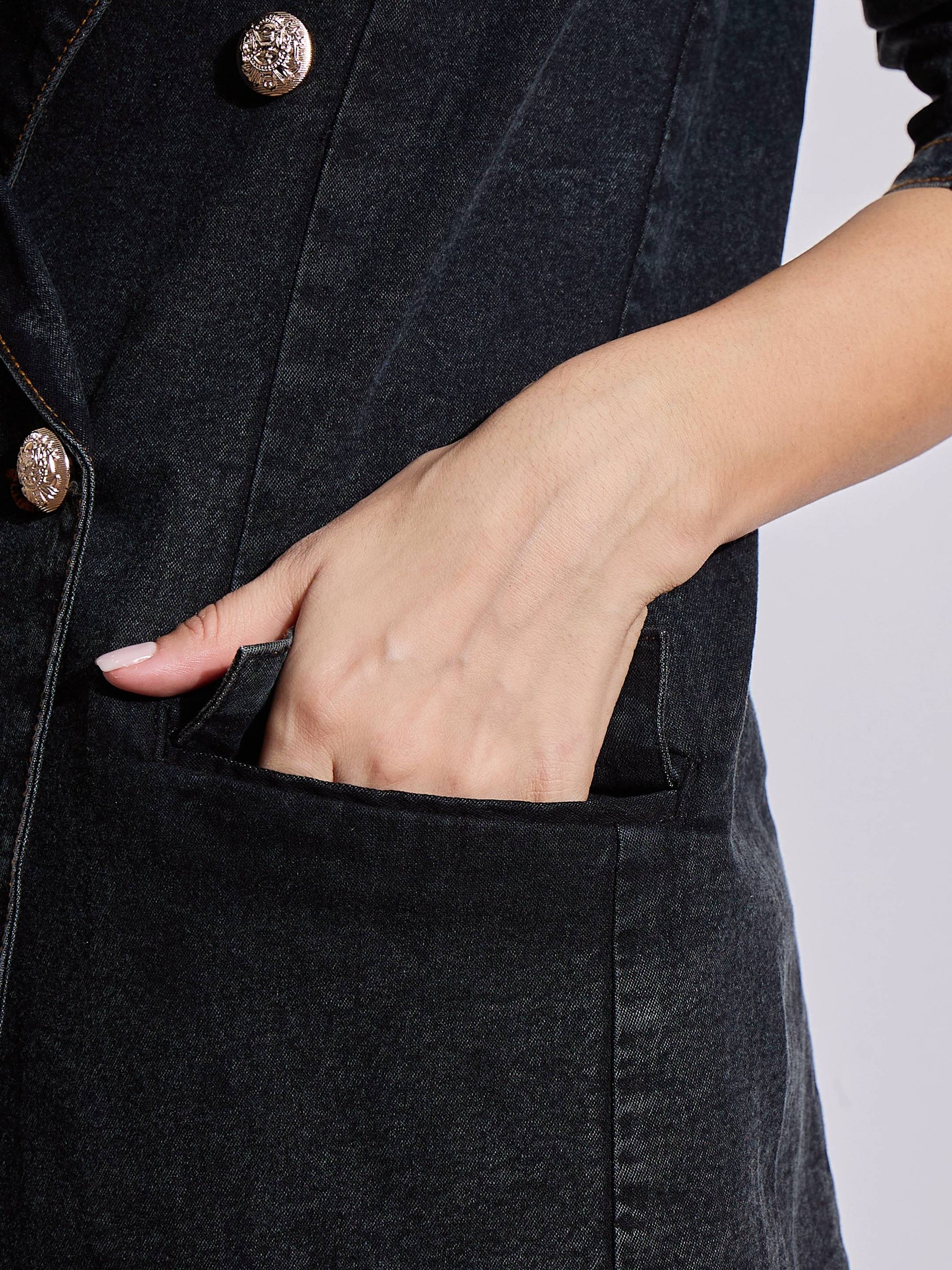 Black Washed Notch Collar Full Sleeve Blazer -SASSAFRAS