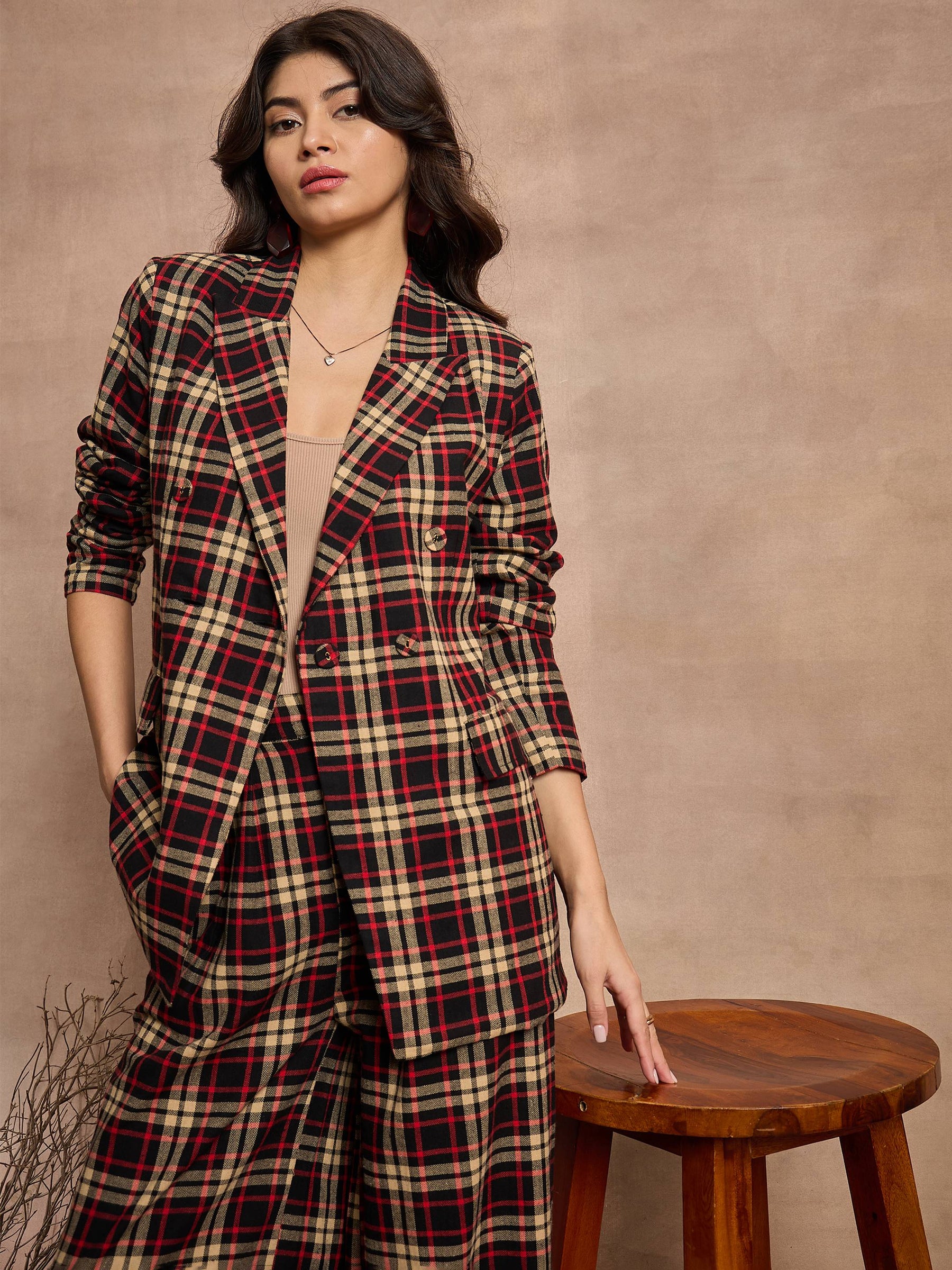 Black & Beige Check Double Brested Blazer-SASSAFRAS