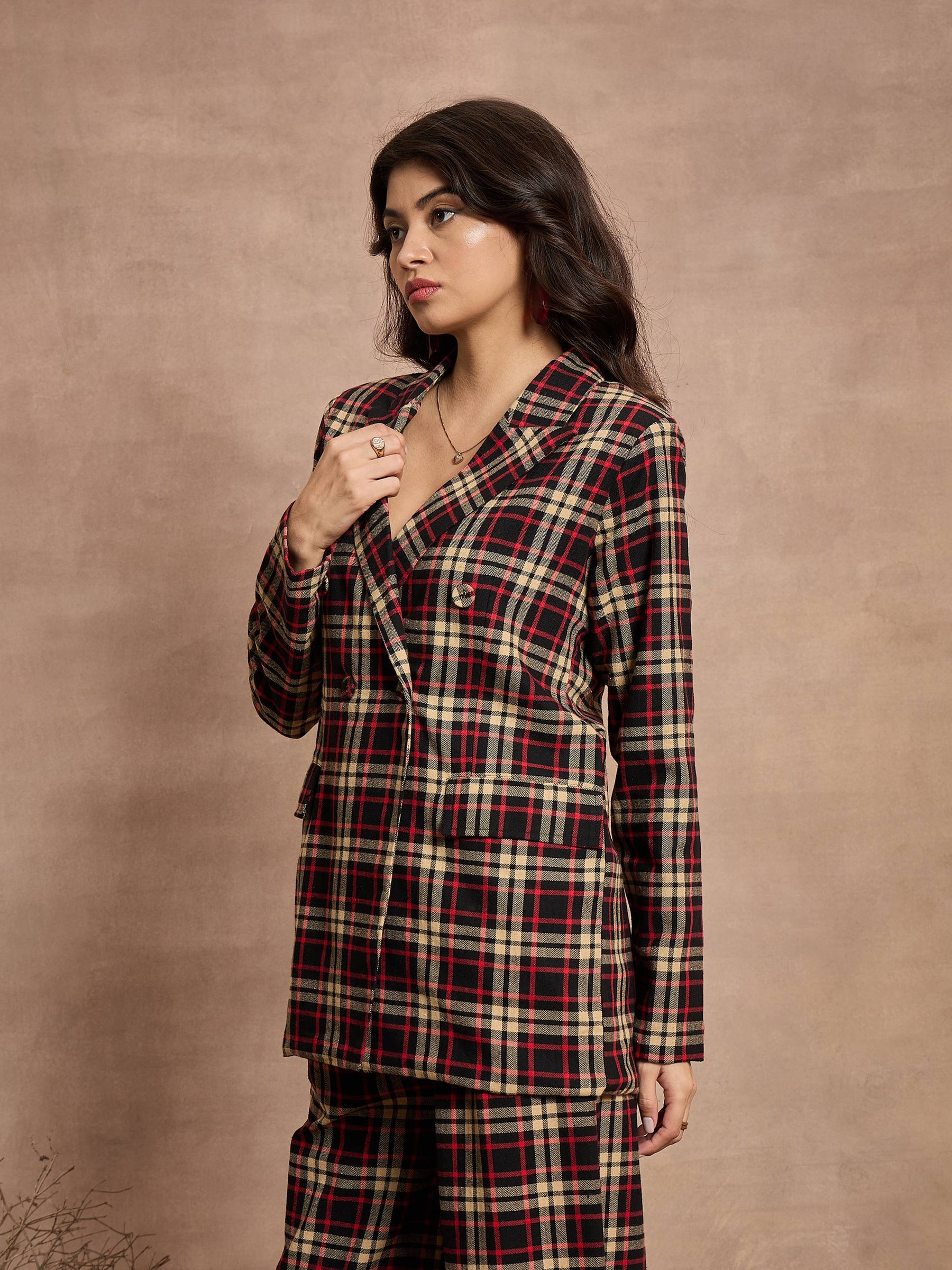 Black & Beige Check Double Brested Blazer-SASSAFRAS