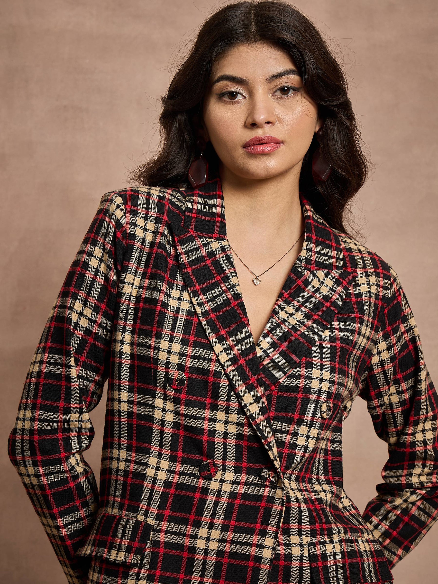 Black & Beige Check Double Brested Blazer-SASSAFRAS