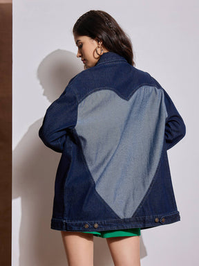 Navy Blue Denim Back Heart Patch Shacket-SASSAFRAS