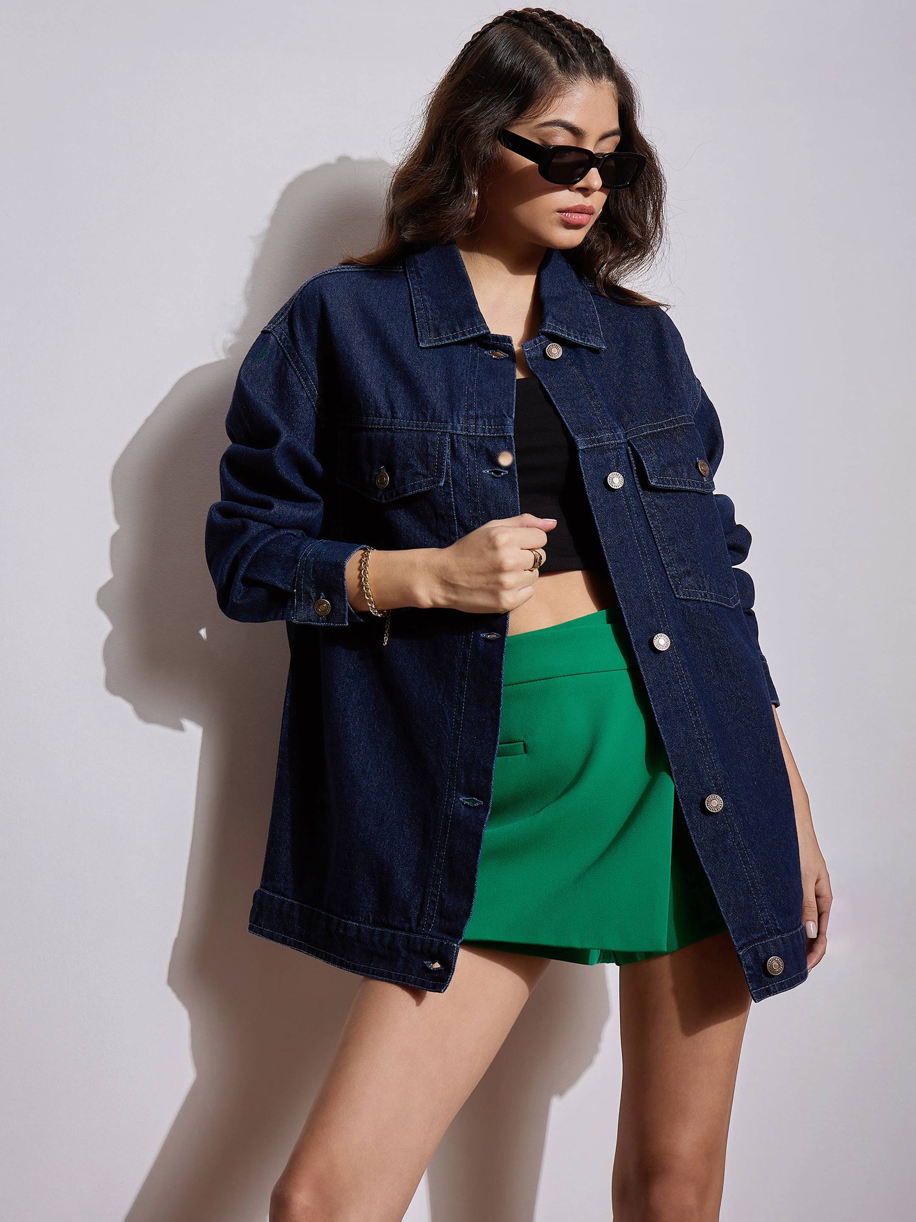 Navy Blue Denim Back Heart Patch Shacket-SASSAFRAS