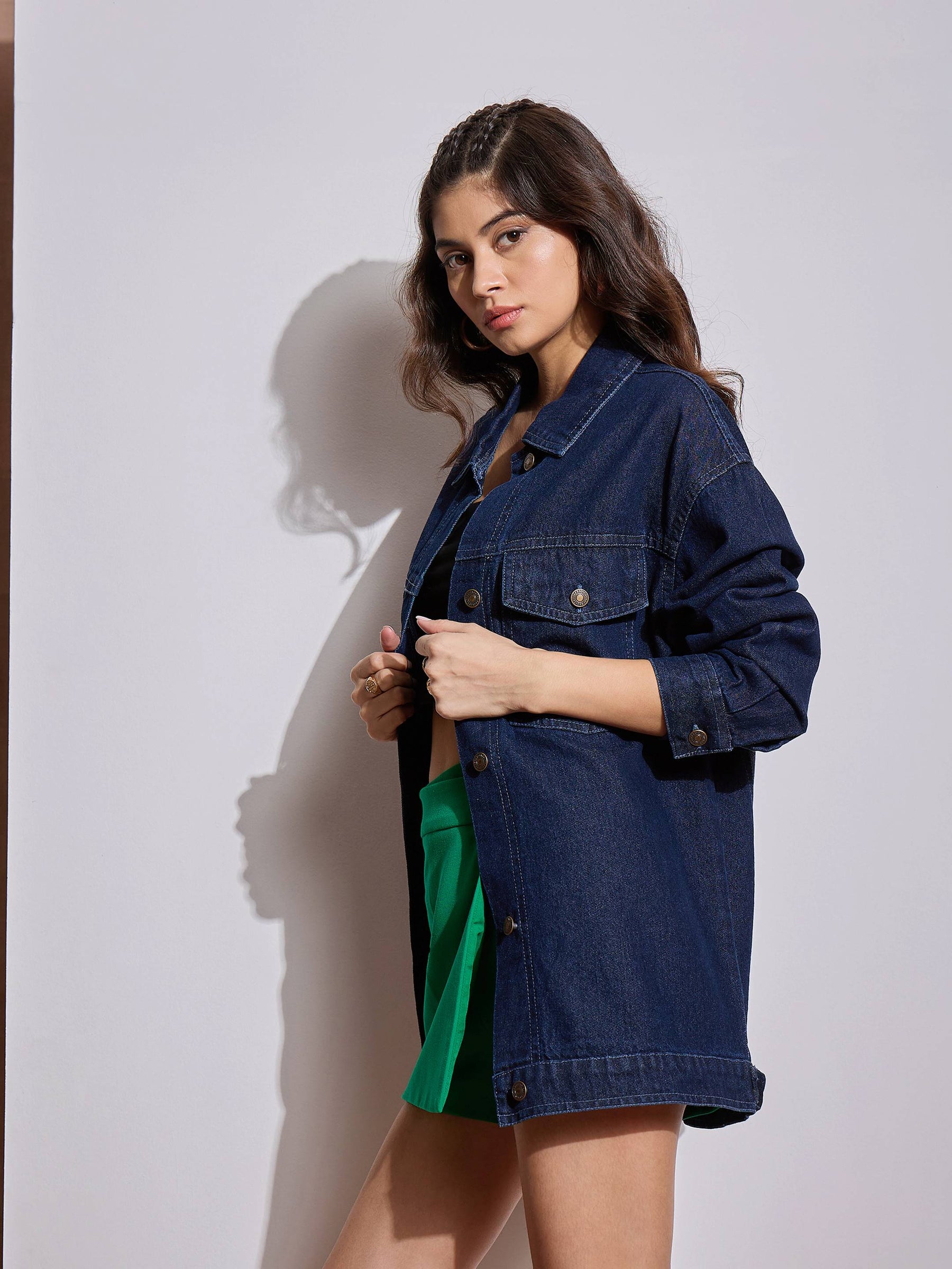 Navy Blue Denim Back Heart Patch Shacket-SASSAFRAS