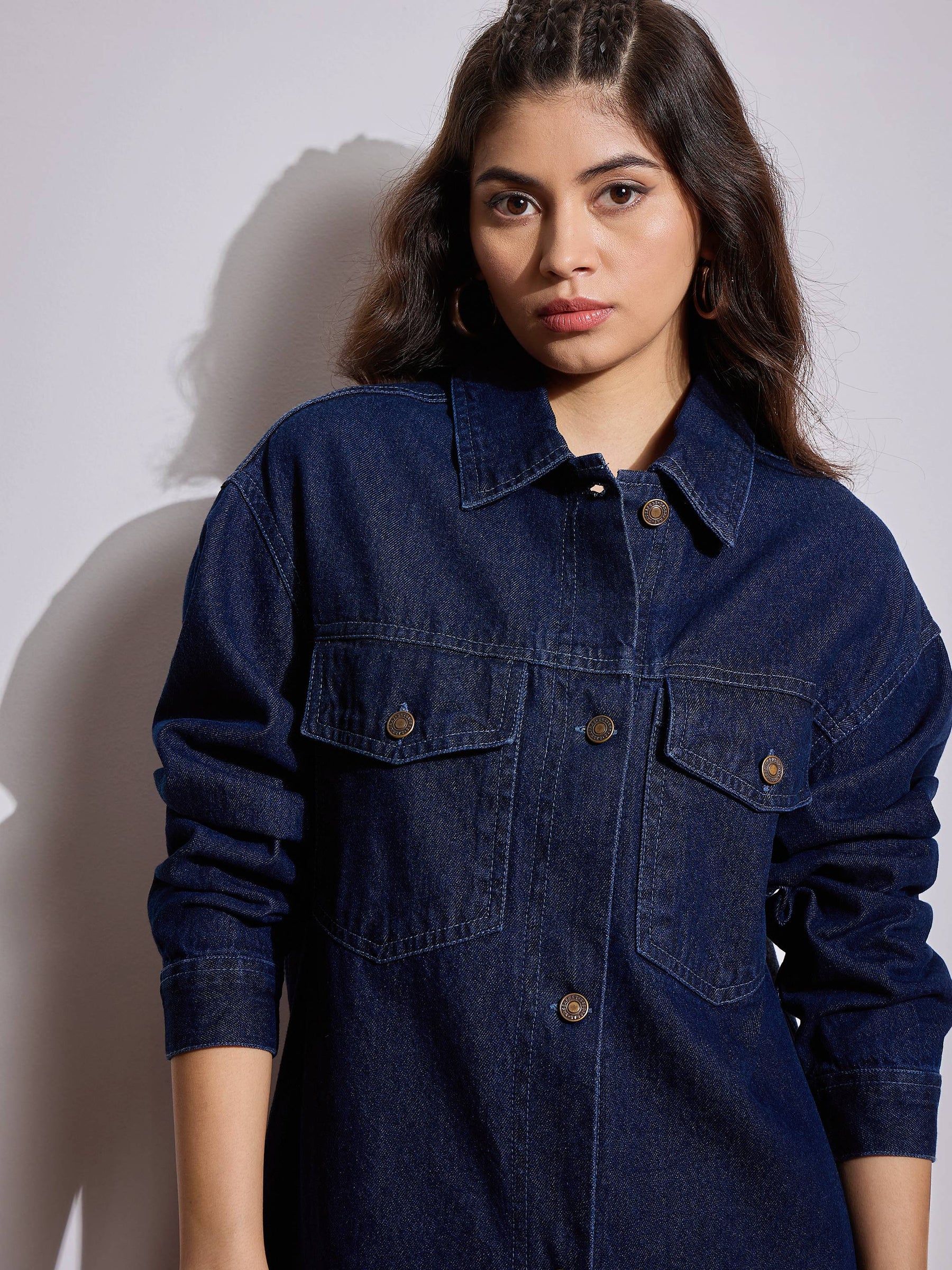 Navy Blue Denim Back Heart Patch Shacket-SASSAFRAS